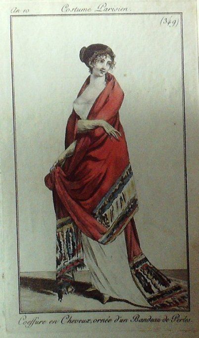Gravure Mode Costume Parisien 1801 an 10 # 349 (eau forte old Fashion plate