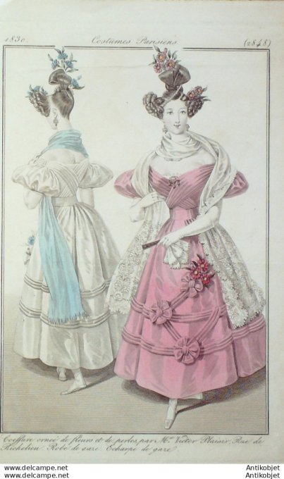 Gravure de mode Costume Parisien 1830 n°2848 Robe et écharpe de gaze