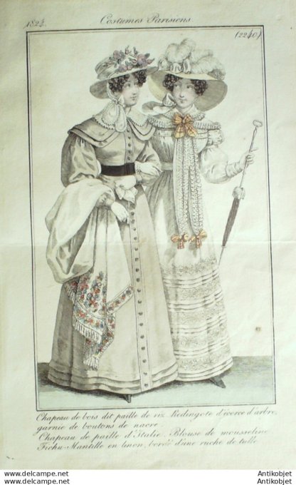 Gravure de mode Costume Parisien 1824 n°2240 Blouse mousseline fichu mantille