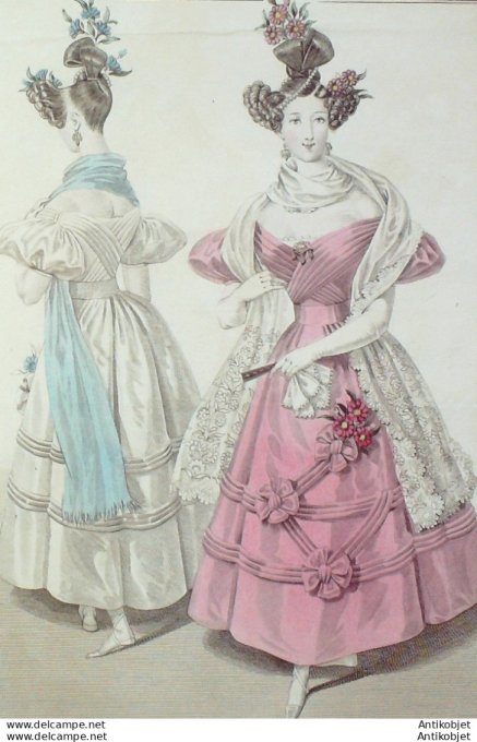 Gravure de mode Costume Parisien 1830 n°2848 Robe et écharpe de gaze