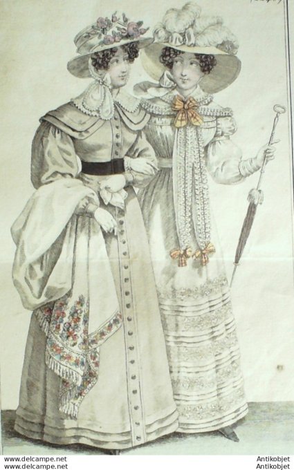 Gravure de mode Costume Parisien 1824 n°2240 Blouse mousseline fichu mantille