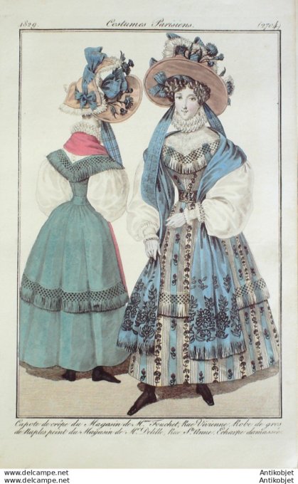 Gravure de mode Costume Parisien 1828 n°2704 Robe de gros de Naples