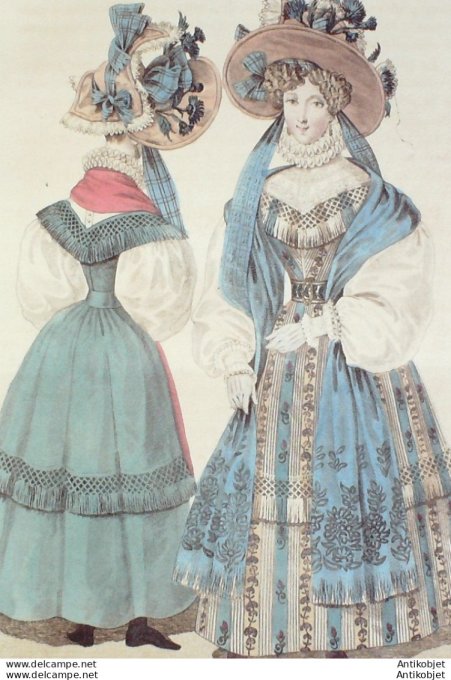 Gravure de mode Costume Parisien 1828 n°2704 Robe de gros de Naples