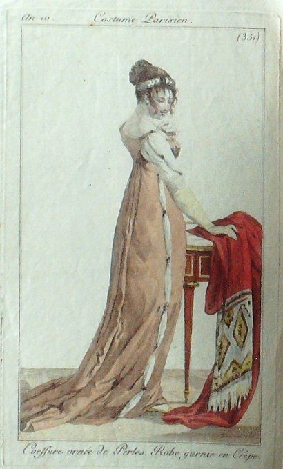 Gravure Mode Costume Parisien 1801 an 10 # 351 (eau forte old Fashion plate