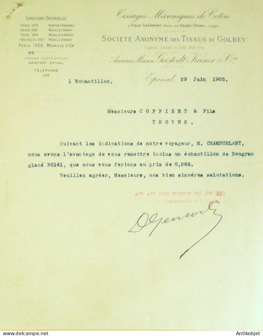 Lettre Ciale Sté Anyme (Tissages & Cotons) 1905 à Golbey Epinal (88)