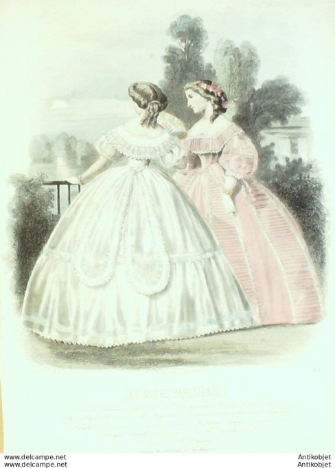 Gravure Les Modes Parisiennes 1861 # 962 Robes satin Maison Fauvet