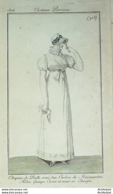 Gravure de mode Costume Parisien 1808 n° 913 Fichu Guimpe croisé