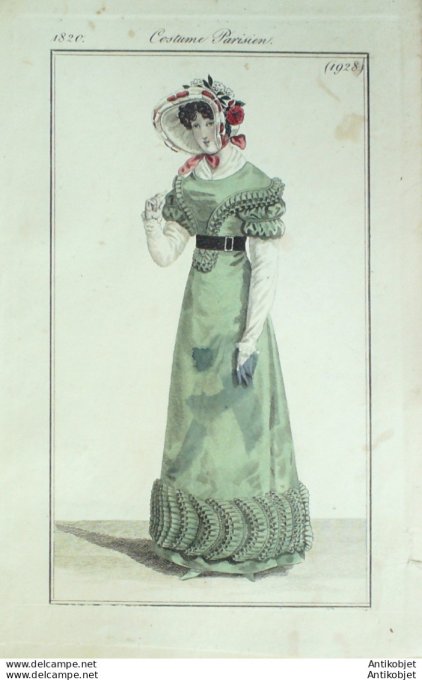 Gravure de mode Costume Parisien 1820 n°1928 Robe en taffetas fort à Pèlerin