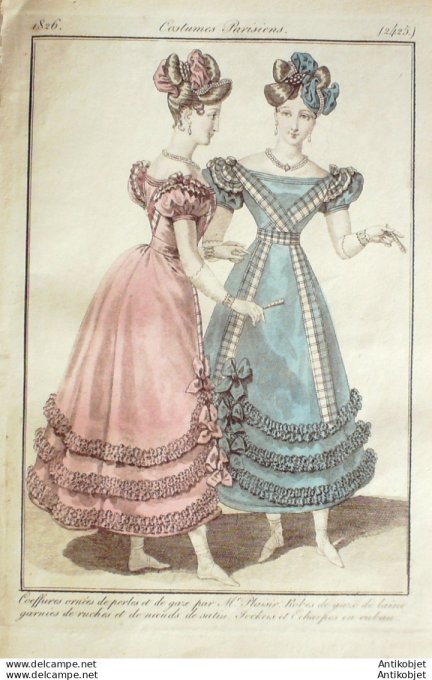 Gravure de mode Costume Parisien 1826 n°2425 Robes de gaze de laine