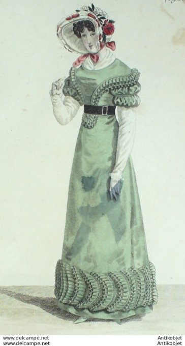 Gravure de mode Costume Parisien 1820 n°1928 Robe en taffetas fort à Pèlerin