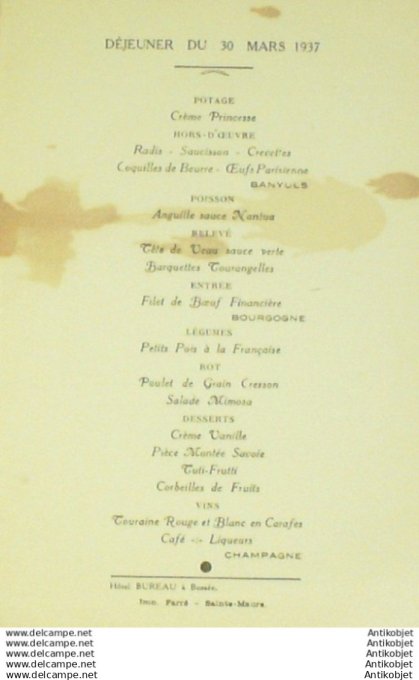Menu illustre noce Hotel Bureau à Bossee (37) 1937