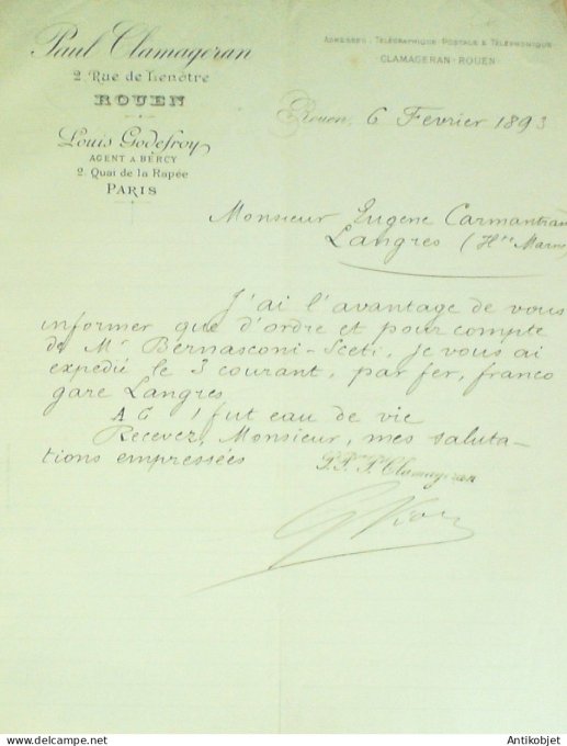 Lettre Ciale Paul Clamageran (Distillerie) 1893 Rouen (76)