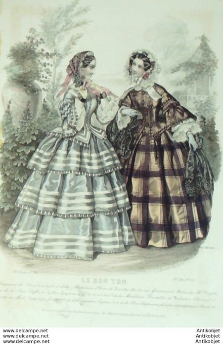 Gravure de mode Le Bon Ton 1853 20 n°12 vol 2 Robes (Maison Peytel)