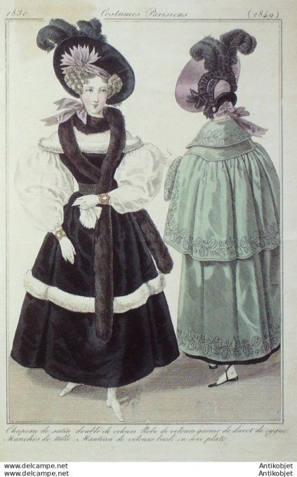 Gravure de mode Costume Parisien 1830 n°2849 Manteau de velours brodé en soie