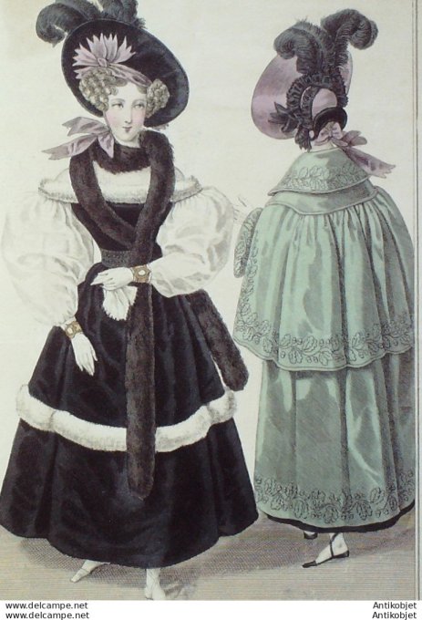 Gravure de mode Costume Parisien 1830 n°2849 Manteau de velours brodé en soie