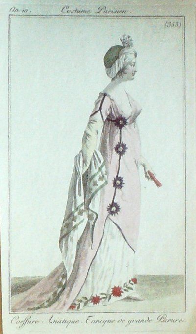 Gravure Mode Costume Parisien 1801 an 10 # 353 (eau forte old Fashion plate
