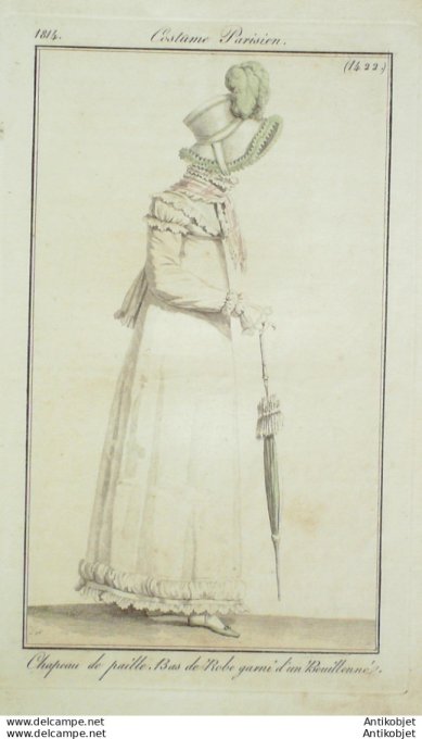 Gravure de mode Costume Parisien 1814 n°1422 Robe garni d'un bouillonné