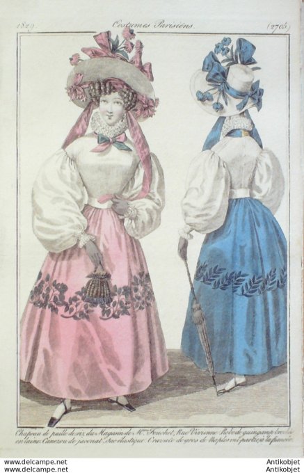Gravure de mode Costume Parisien 1828 n°2705 Robe de Guingamp brochée