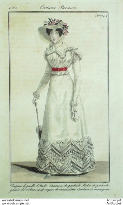 Gravure de mode Costume Parisien 1822 n°2070 Canezou et Robe perkale