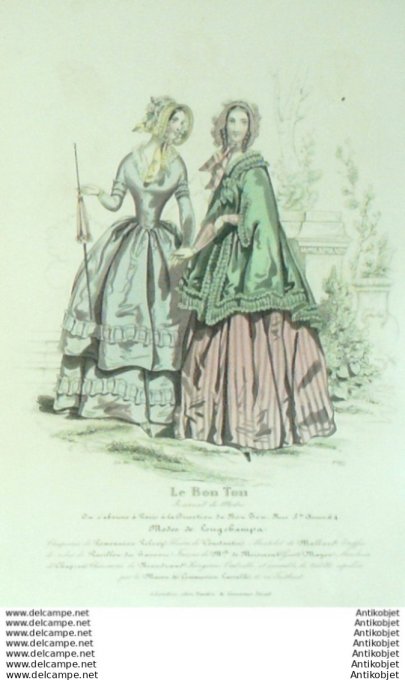 Gravure Mode Le Bon Ton 1843 # 677 (aquarelle old fashion plate)