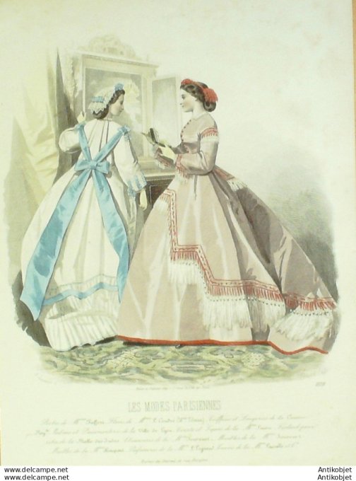 Gravure Les Modes Parisiennes 1863 #1128 Robes velours Maison Pieffort