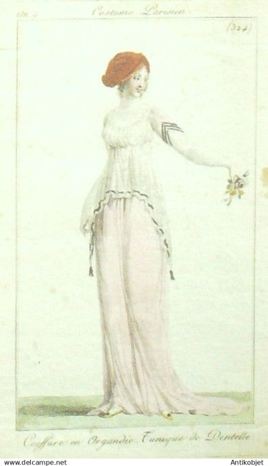 Costume Parisien 1801 an  9 # 324 (eau forte) Tunique en dentelle coiffure en organdie