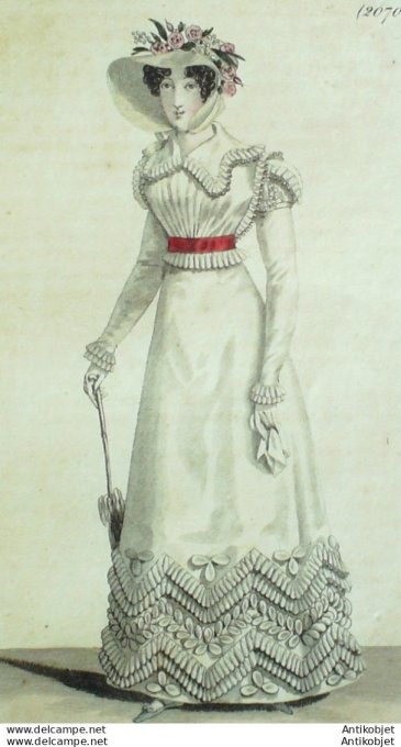 Gravure de mode Costume Parisien 1822 n°2070 Canezou et Robe perkale