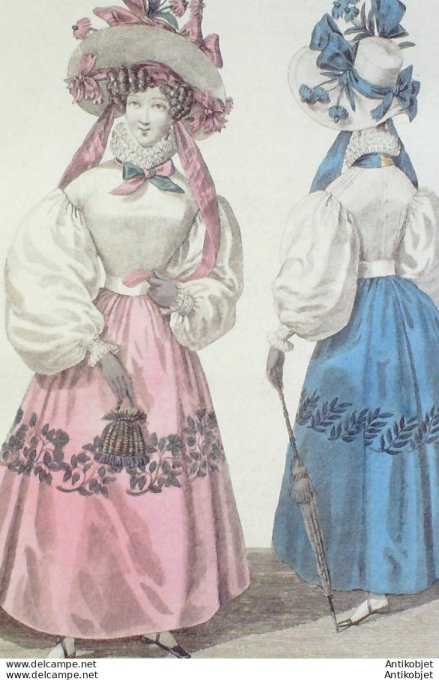 Gravure de mode Costume Parisien 1828 n°2705 Robe de Guingamp brochée