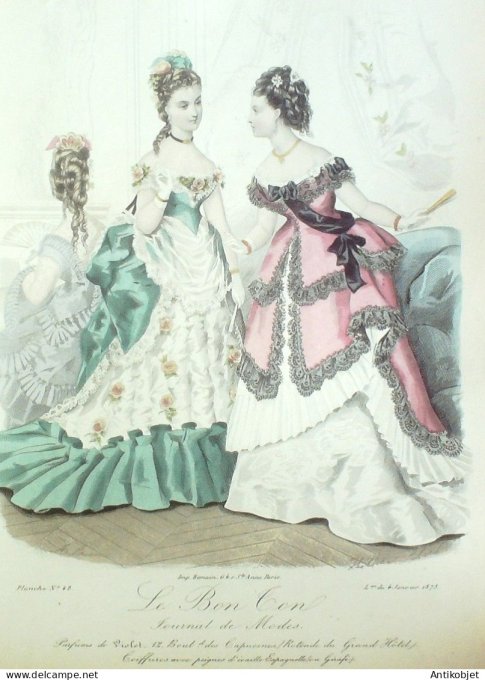 Gravure Mode Le Bon Ton 1873 # 48 (aquarelle old fashion plate)