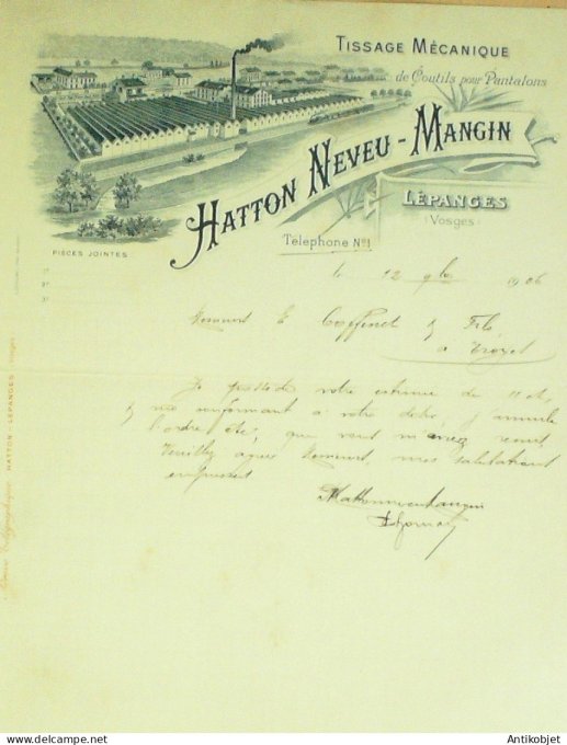 Lettre Ciale Hatton Neveu-Mangin (tissage mécanique ) 1906 à Lépanges (88)