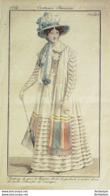 Gravure de mode Costume Parisien 1824 n°2241 Robe perkale entre deux de tulle