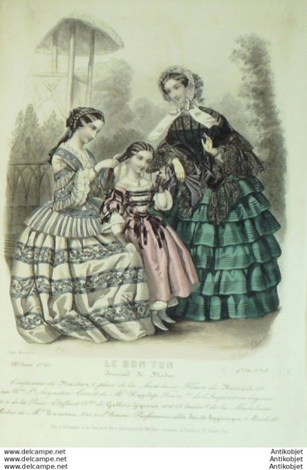 Gravure de mode Le Bon Ton 1853 20 n°13 vol 2 Robes (Maison Bienvenu)
