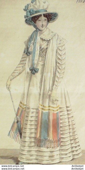 Gravure de mode Costume Parisien 1824 n°2241 Robe perkale entre deux de tulle