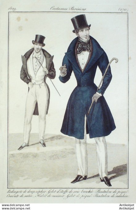 Gravure de mode Costume Parisien 1828 n°2711 Robe de Barèges volants brodés soie