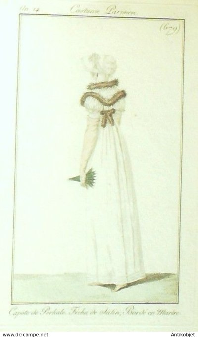 Costume Parisien 1806 an 14 # 679 (eau forte) Capote de Perkale Fichu