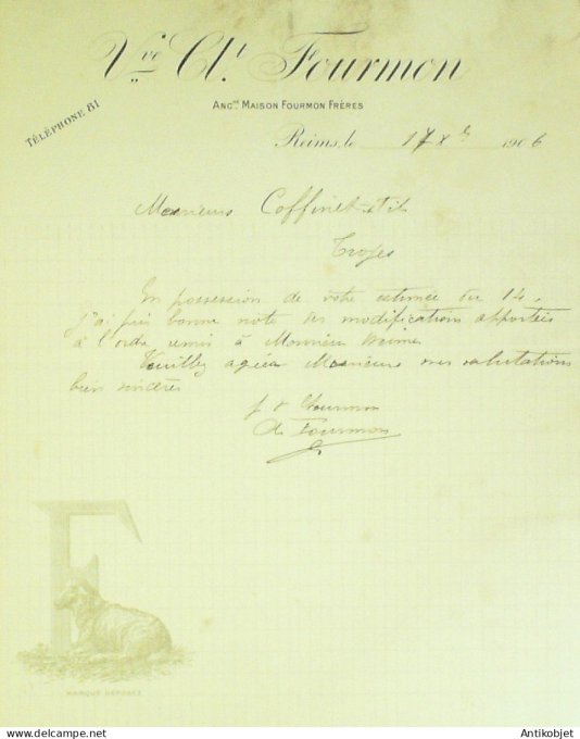 Lettre Ciale Vve Ct Fourmon 1906 à Reims (51)