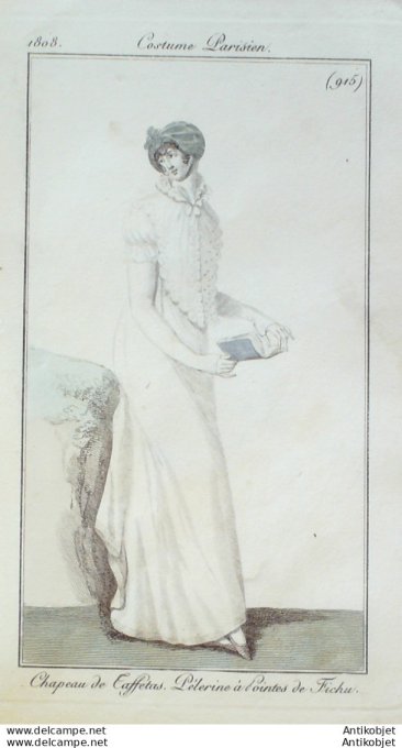 Gravure de mode Costume Parisien 1808 n° 915 Pélerine à pointes de fichu