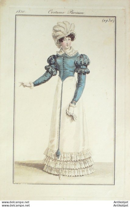 Gravure de mode Costume Parisien 1820 n°1930 Robe mousseline des Indes garnie