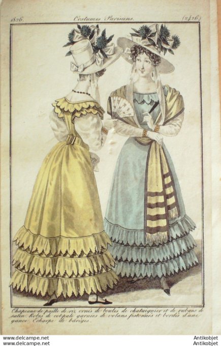 Gravure de mode Costume Parisien 1826 n°2426 Robes de cotepali garnies