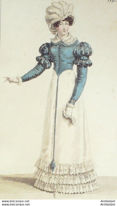 Gravure de mode Costume Parisien 1820 n°1930 Robe mousseline des Indes garnie