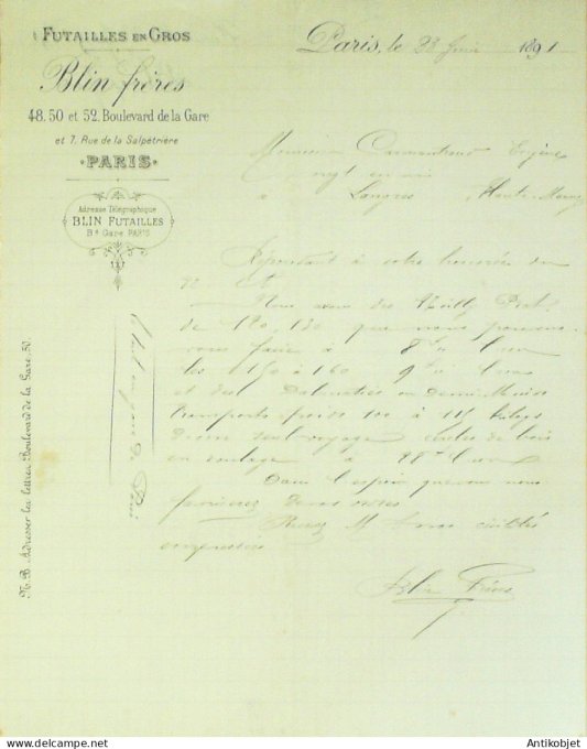 Lettre Ciale Blin frères (Futailles grossiste) 1891 à Paris 12