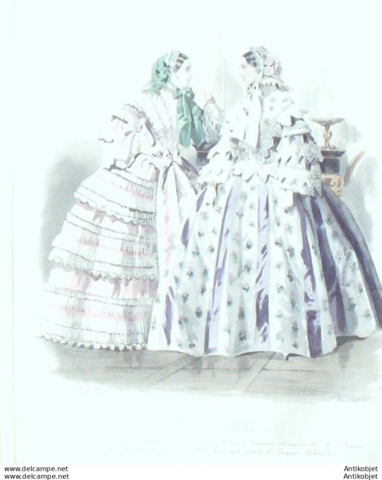 Gravure Les Modes Parisiennes 1852 # 703 Robes en gros de Naples  Maison Fauvet