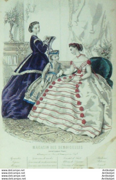 Gravure Mode Magasin Demoiselles 1865 # 11 (aquarellee Old Fashion plate)