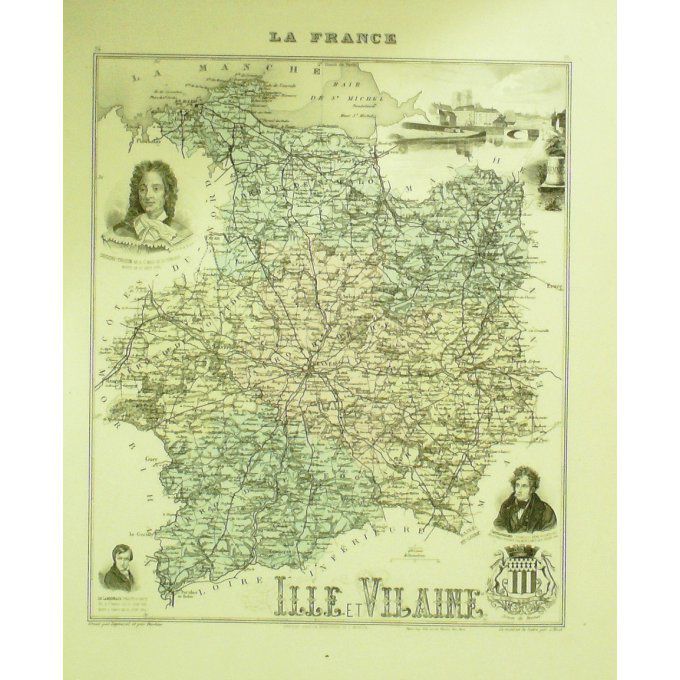 Carte ILE et VILAINE (35) RENNES Graveur LECOQ WALTNER BARBIER 1868