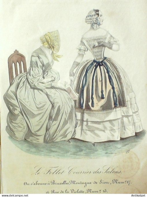 Gravure Mode Le Follet 1840 # 457 (aquarelle Old Fashion plate)