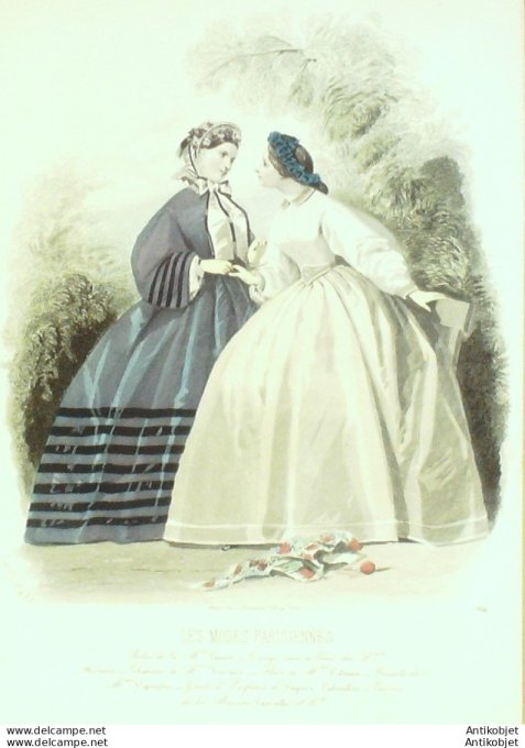 Gravure Les Modes Parisiennes 1861 # 964 Robes de promenade Maison Fauvet