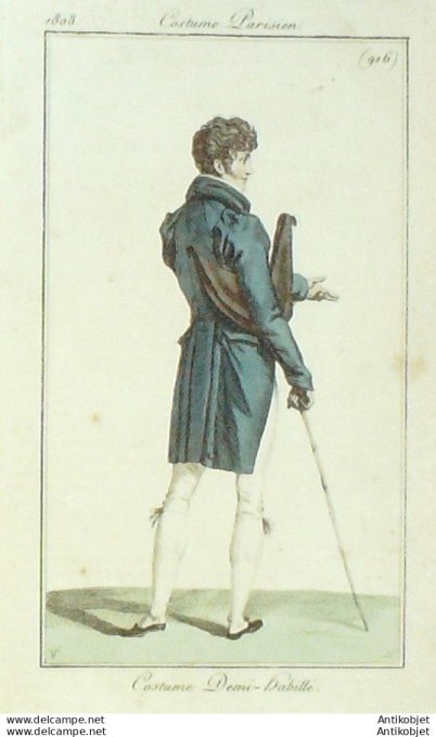 Gravure de mode Costume Parisien 1808 n° 916 Costume homme demi habillé