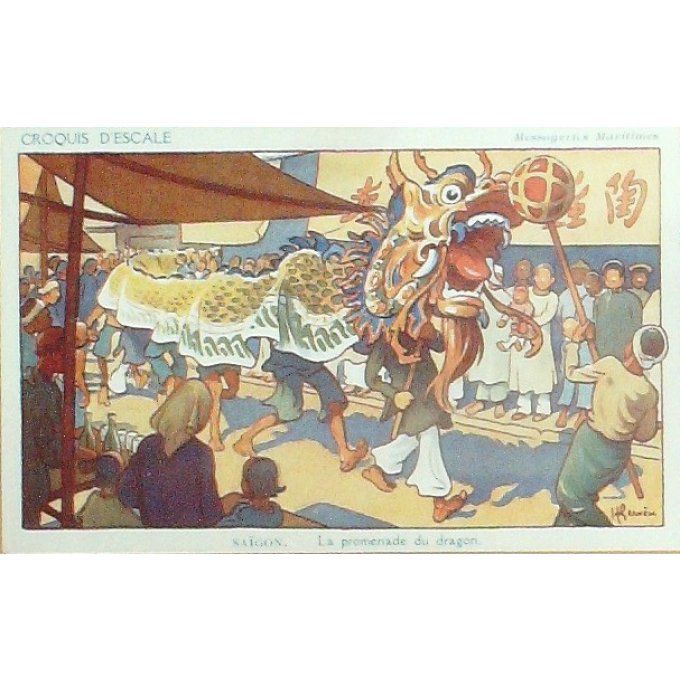 Cpa Viet-Nam Saigon Promenade Du Dragon Messageries Maritimes Signée 1908
