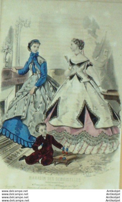 Gravure Mode Magasin Demoiselles 1865 # 12 (aquarellee Old Fashion plate)