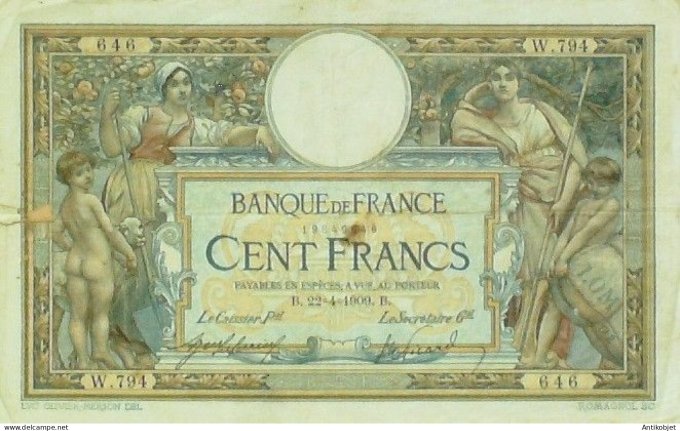 Billet Banque de France 100 francs Luc Olivier Merson B.22=4=1909 LOM TBC